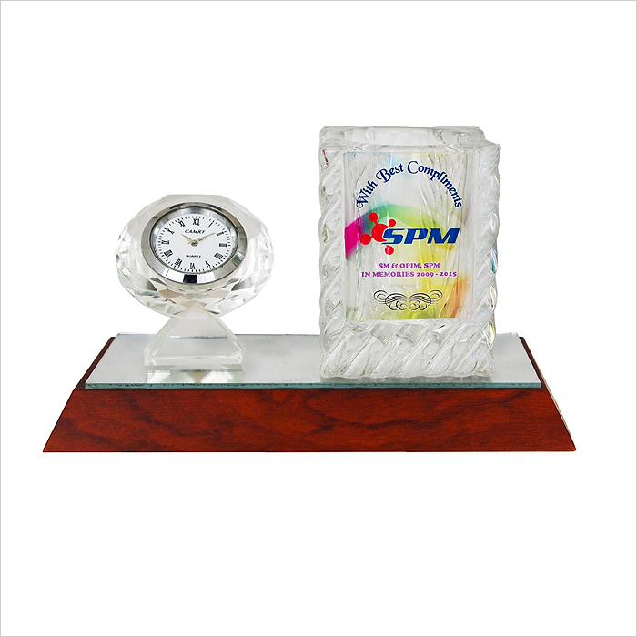 Crystal Pen Holder With Clock