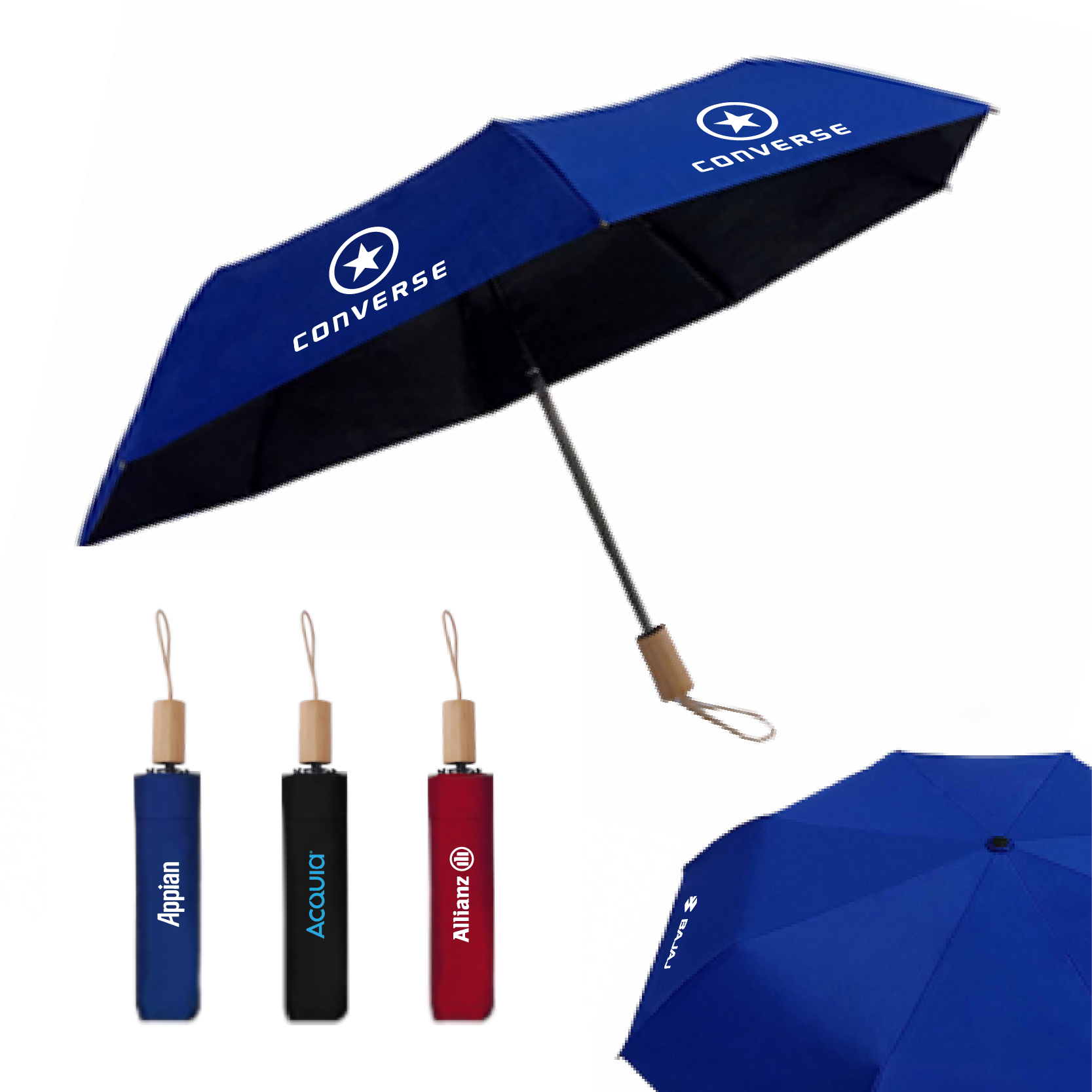 21” 3 Fold Black Coated Umbrella with Wooden Handle