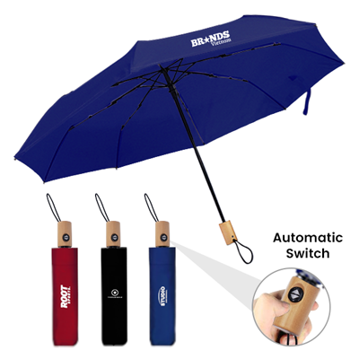 21” Auto Open-Close 3 Fold Umbrella with Wooden Handle