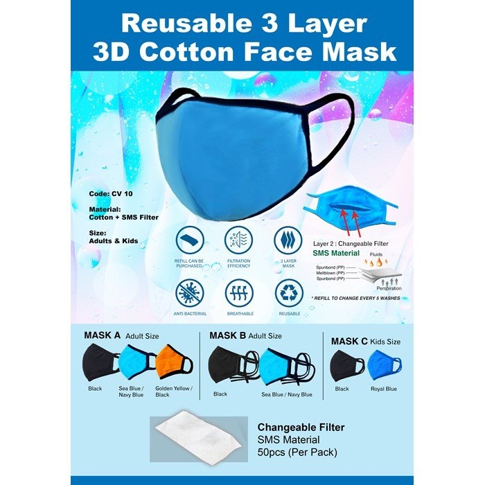 CV 19 Reusable 3 layer 3D Cotton Face Mask